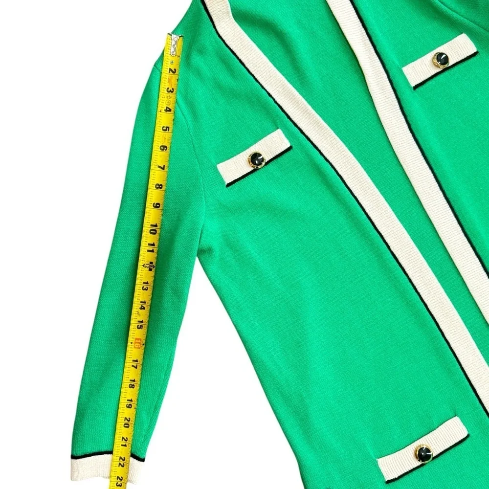 St. John Collection Long Green/Black Gold Buttons Open Front Cardigan Sz L P-38